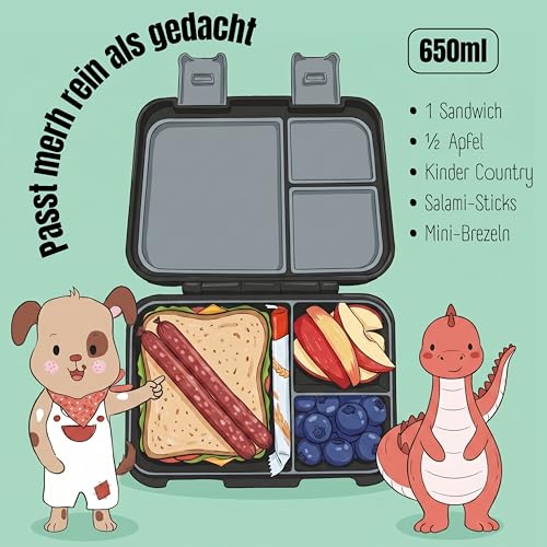 Image of BEARFOOT Kids Lunch Box with Compartments - Compact & Lightweight | Leak-Proof, BPA-Free, Dishwasher Safe | Hand-Drawn Design for Preschool, School, Travel (Game Black, 2.75 Cups)