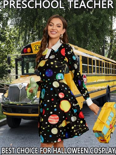 Image of Womens long Sleeve Peter Pan Collar Aline Dress for Halloween Role Play Party Teacher Costume with Bus Bag