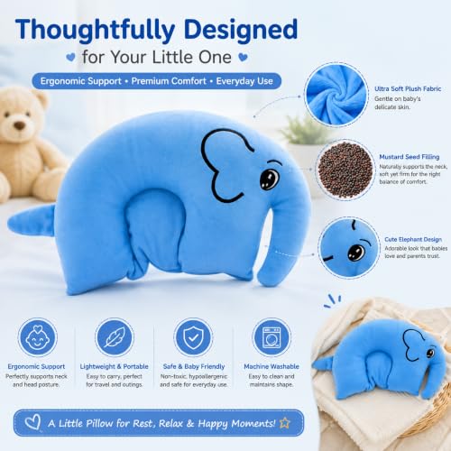 Image of VanityX Baby Neck Pillow for Newborn & Infant, Elephant Shape Mustard Seed Neck Support Pillow, Soft Plush Head Support Cushion for Stroller, Car Seat, Travel & Sleeping, Blue