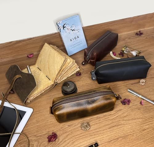 Image of RUSTIC TOWN Leather Pencil Case - Handcrafted Full-Grain Zipper Leather Pen Pencil Holder - Elegant & Practical Pencil Pouch for Work & Office