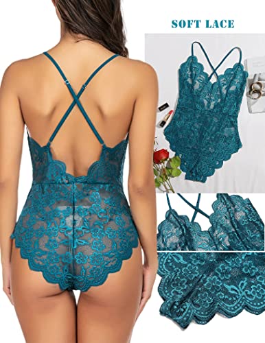 Image of Avidlove Sexy Lingerie for Women Deep V Teddy Sheer Lace Bodysuit Snap Crotch One Piece Babydoll