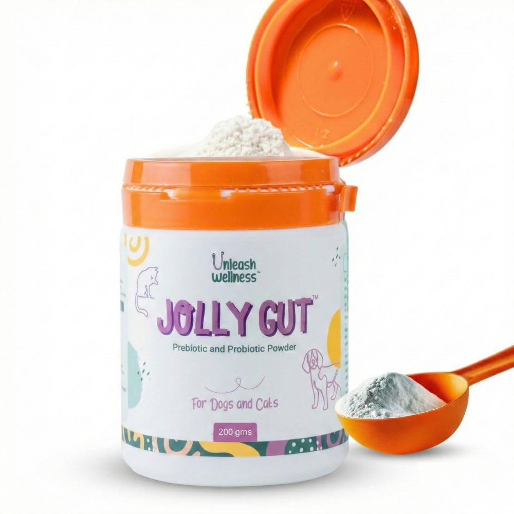 Jolly Gut® 200GMS, Prebiotic and Probiotic Powder for Dogs & Cats with Digestive Enzymes, Supports Gut Health Immunity & Skin Coat Care, Easy Mix Supplement for All Breeds and Ages