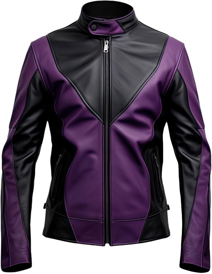 Men’s Purple Black Stand Up Collar Classic Stylish Motorcycle Riding Jacket Round Collar Biker Fashion Two Tone Classic (US, Alpha, Small, Regular, Regular, Round Collar Jacket)