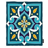 EKOBLA Mexican Pattern Throw Blanket White Blue Yellow Floral Azulejo Majolica Spanish Ceramic Plush...