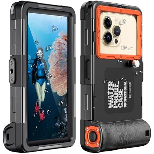Underwater Snorkeling Diving Phone Case for iPhone Air/17/16e/16/15/14/13/12/11 Pro Max Samsung Galaxy S25/S24/S23/S22，[50ft/15m] Professional Scuba Dive Waterproof Case Photo Video Cover (BK/Orange)