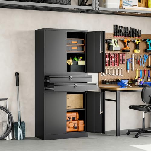 Image of Yizosh Metal Garage Storage Cabinet with Locking Doors and Adjustable Shelves, 71 inch Tool Storage Cabinet with 2 Drawer for Garage,Warehouse