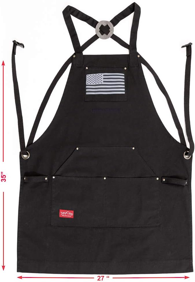 JayCee Apron for BBQ, Grill, Chef, Hobby and Workshop, 5 Pockets, Cross-Back, 2 Tool/Towel Loops, 10 oz Cotton, Great Gift