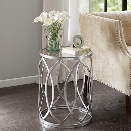 Madison Park Arlo Accent Tables For Living Room, Glass Top Hollow Round, Small Metal Frame Geometric Eyelet Pattern Luxe Modern Stylish Nightstand Bedroom Furniture, Silver #TOP3