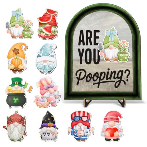 Funny Spring Gnomes Bathroom Decor - Interchangeable Seasonal Gnomes Bathroom Hanging Wooden Sign for Restroom Shelves Toilet Tank Decoration (10 Pcs) - Are You Pooping