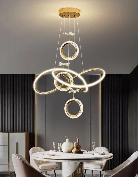 Image of Smart Modern Ring Pendant Light - Gold Finish Circular LED Chandelier with Crystal Design, 3-Color Changing Light for Living Room, Dining Room, Bedroom & Office