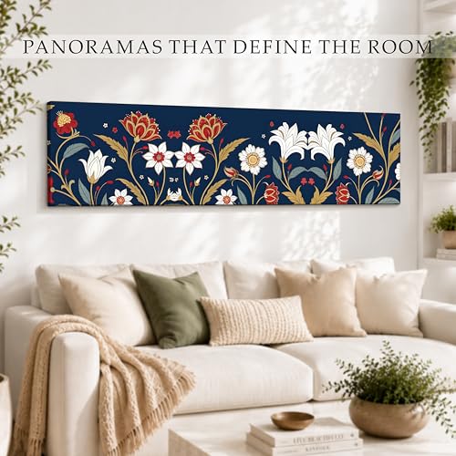 Image of Blue Luxury Floral Botanical Canvas Wall Art Painting For Living Room, Navy Blue Ornamental Flowers Painting, Elegant Panoramic Decorative Wall Art For Home & Office Decor, 12x46 Inch