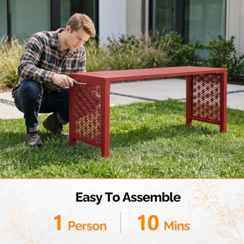 Image of VINGLI 40in Outdoor Metal Bench, All-Weathe Backless Patio Bench with Slatted Seat＆Floral Side Panels, Rust-Resistant Garden Bench, Weatherproof Outdoor Seating for Porch Entryway Backyard (Red)