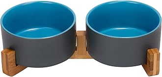 SPUNKYJUNKY Ceramic Dog and Cat Bowl Set with Wooden Stand, Modern Cute Weighted Food Water Set for Small Size Dogs (13.5OZ) & Medium Sized Dogs (28.7OZ) & Cats (3.6 Cups, 2 × Blue-Grey)