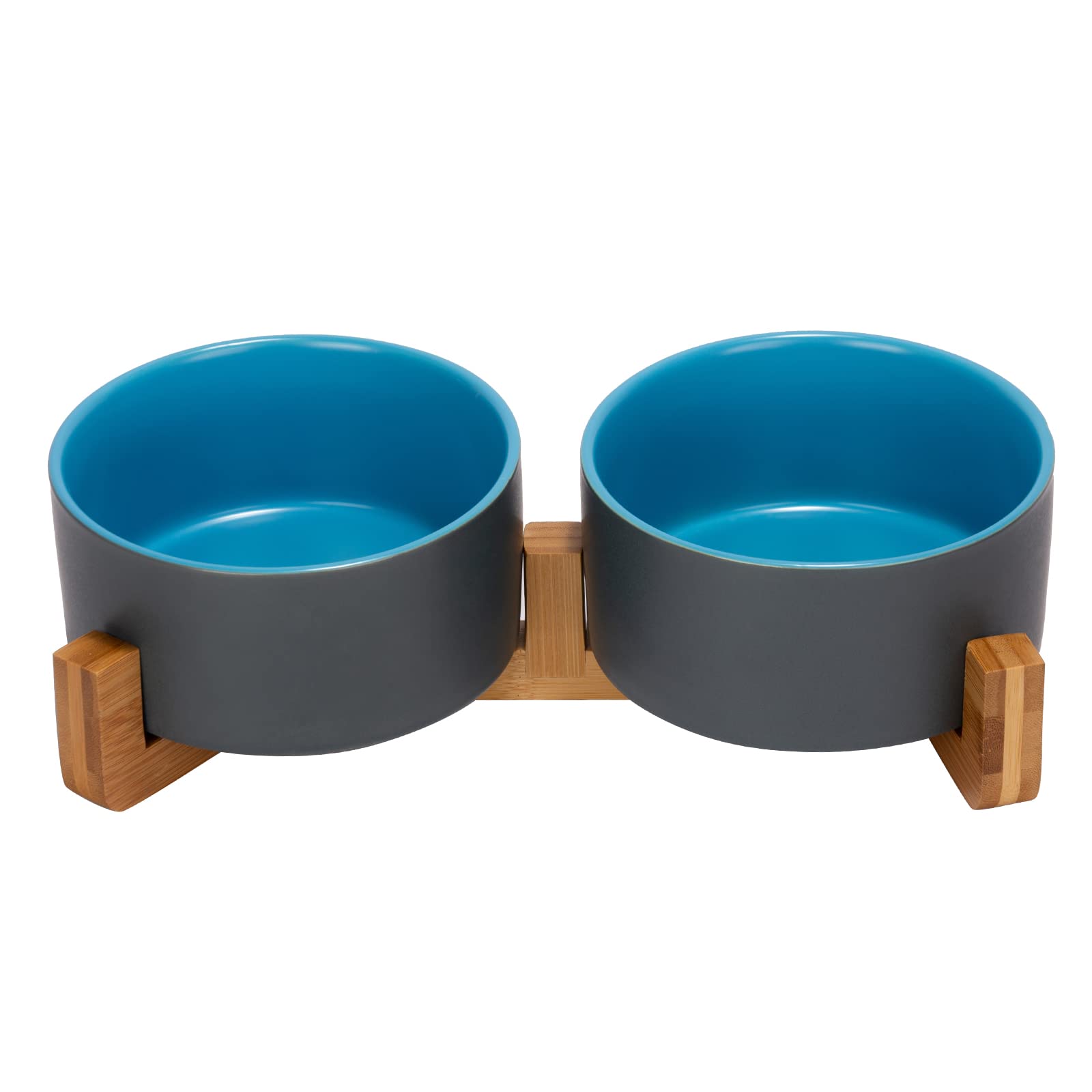 SPUNKYJUNKY Ceramic Dog and Cat Bowl Set with Wooden Stand, Modern Cute Weighted Food Water Set for Small Size Dogs (13.5OZ) & Medium Sized Dogs (28.7OZ) & Cats (3.6 Cups, 2 × Blue-Grey)