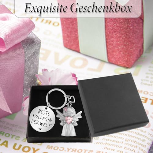 YnewL Beste Kollegin Schlüsselanhänger Schutzengel Glücksbringer Matt mit Edelsteinen, mit Herz und Gravur - Abschied Kollege Abschiedsgeschenk(Rosa)