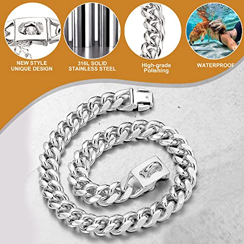Image of Dog Chain Collars Heavy Duty Stainless Steel Dog Collar 10mm Cuban Link Dog Collar Metal Dog Chain with Snap Buckle Dog tag for Medium Dogs(20 inch)