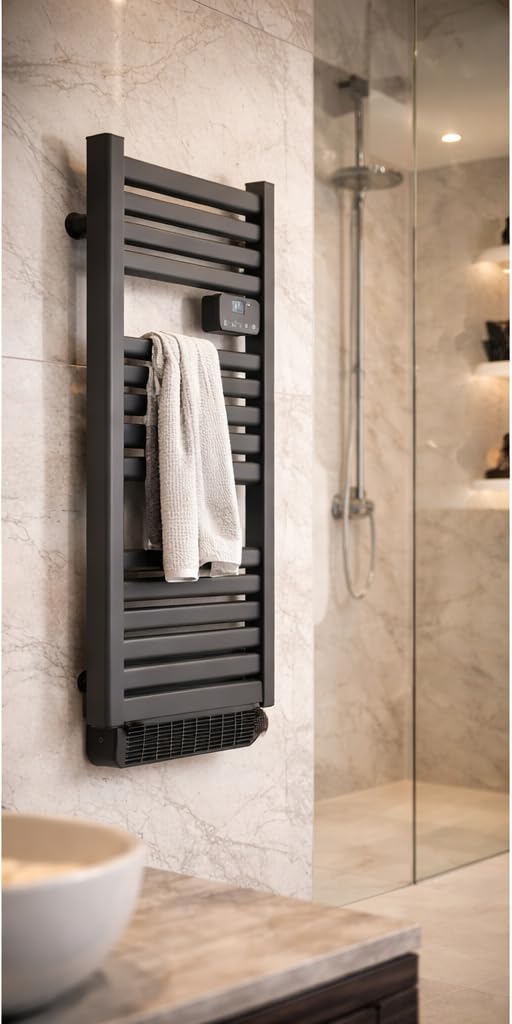 DREXON - Sèche Serviettes Électrique Noir avec Soufflerie 1500W FAENA S | Radiateur Salle de Bain Barres Plates | Programmable | Chauffage Rapide | Détection Fenêtre Ouverte | IP24
