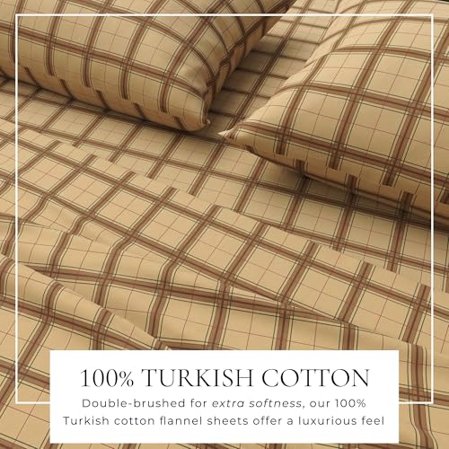 Image of Great Bay Home Flannel Sheets Full Size - 100% Turkish Cotton, Double-Brushed, Plaid and Stripe Bed Sheet Set - Ultra-Soft, Cozy, 4-Piece Bedding Set (Block Plaid - Taupe /Green /Red)