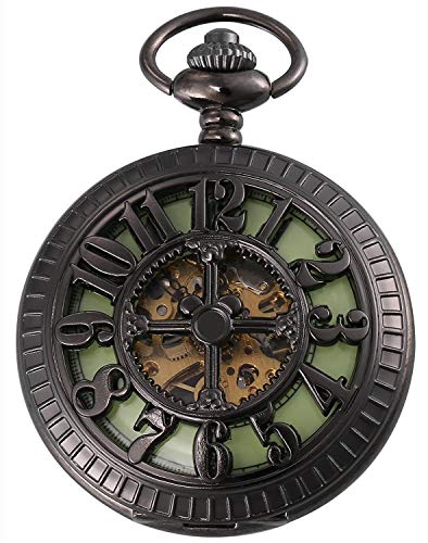 Carrie Hughes Mens Mechanical Pocket Watch with Chain Lucky Dragon Steampunk Skeleton Hunter Double Open in Box CHPW10