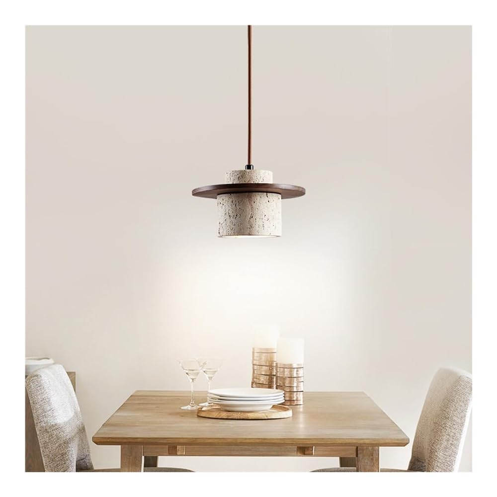 NOCHX Lampadario da Soffitto in Pietra Naturale Cilindrica in Travertino nello Stile Wabi Sabi Moderno con Legno Massivo per Isole Cucina Regolabile Decorazione Domestica Corridoio Lampadario(D