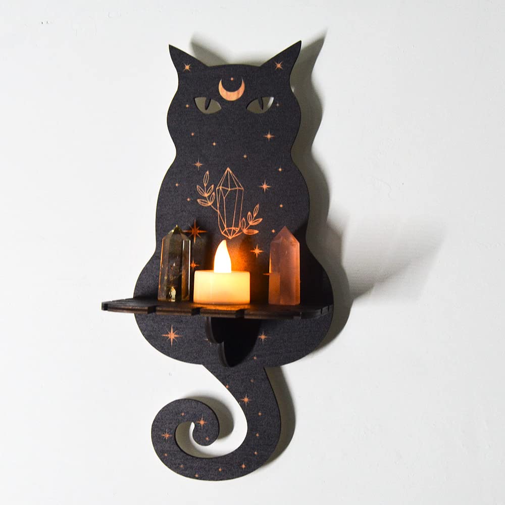 Moon Moth Shelf Crystals 10x5.5 inch Wooden Black Golden Boho Holder with Snake Pattern Crystal Gemstones Display Essential Oil Candles Gothic Home Decor (Type1-Cat)