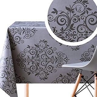 Large Luxury Dark Grey With Black Baroque Print PVC Wipe Clean Oilcloth Tablecloth - 250 x 140 cm - Easy Care Embossed Thick Rectangular Wipeable Vinyl Plastic Table Cloth