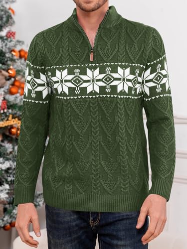 Makkrom Mens Ugly Christmas Sweater Quarter Zip Pullover Long Sleeve Snowflake Mock Neck Soft Knitted Sweaters2