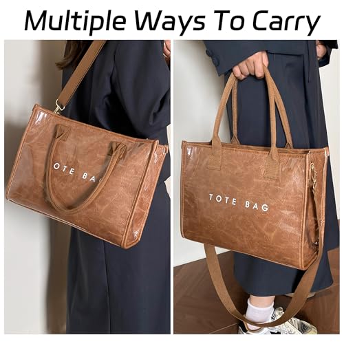Image of GISMTR PVC Tote Bag for Women Large Letters Print Hobo Handbags Kraft Paper Shoulder Bag with Strap for Work Travel