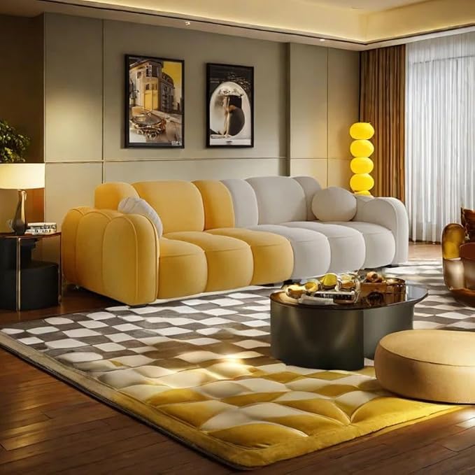Image of CRAFTCITY Contemporary Wool Sofa with Swen Pillow Back for Living Room (Yellow & Beige, 3 Seater)
