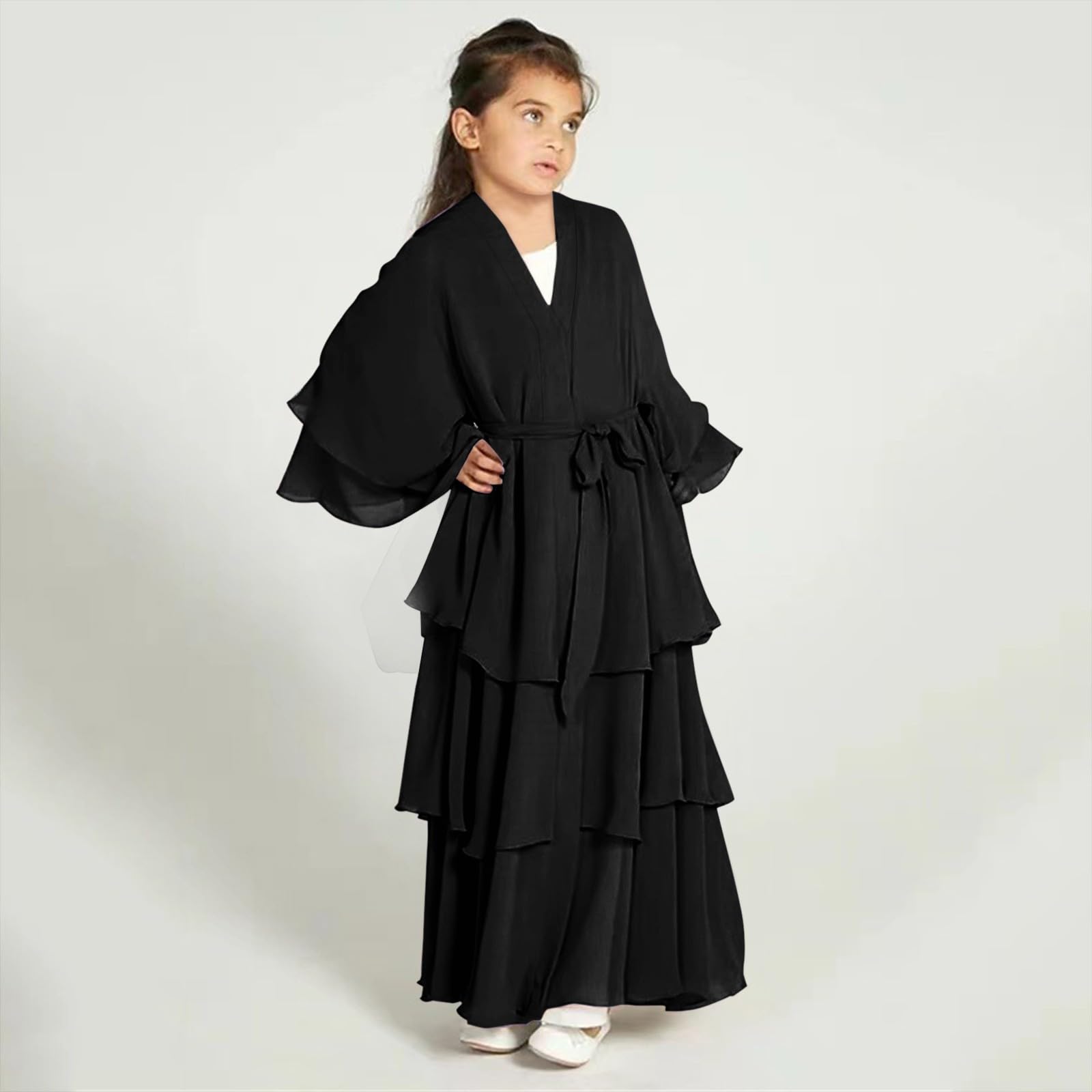 Vestido musulmán para niñas, cárdigan de gasa, elegante, casual, manga larga, Abaya, islámico, Ramadán, oración, fiesta, ropa cómoda y suave caftán
