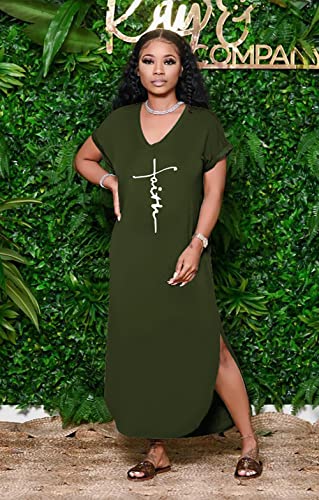 Image of Women Summer V Neck Loose Side Split Maxi Dresses with Pocket