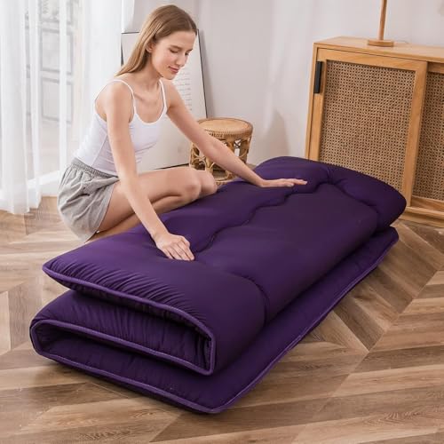 Image of MAXYOYO Japanese Floor Futon Mattress, Roll Up Floor Mattress for Adults Foldable Tatami Mat Sleeping Pad Dormitory Couch Lounger, Purple, Twin Size