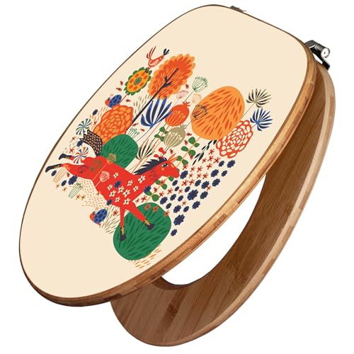 banjado Design WC Sitz Bambus 45x37,5cm / Toilettendeckel Holz/hochwertiger Toilettensitz/Bambus-Toilettendeckel für alle gängigen Toiletten - Rotes Pferd
