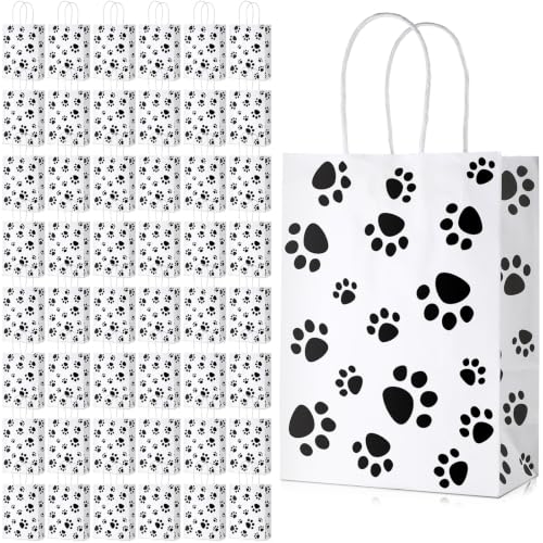 Blulu 20 Pcs Puppy Dog Paw Gift Bags with Paper Twist Handles Dog Gift Paper Paw Treat Goodie Bags for PET Treat Party Favor 6.3 x 3.1 x 8.6 Inch(White Backing)