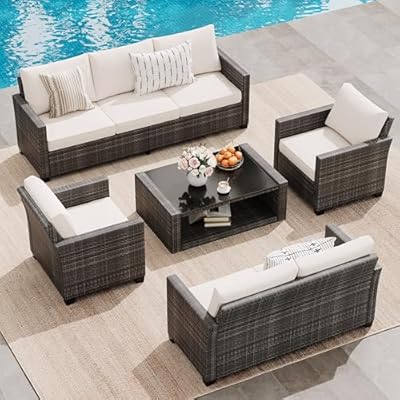 Garvee Patio Furniture Set 5 Pieces, 7-Seat PE Rattan Wicker Outdoor Sectional Patio Conversation Set with Waterproof Cusions and Coffee Table, Grey Rattan and Beige Cushion