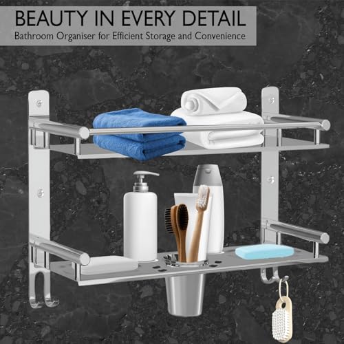 Image of Zureni Towel Holder for Bathroom Multipurpose 304 Grade Stainless Steel Shelf with Hooks Soap Dish Toothbrush Stand Wall Mount Home Washroom Kitchen Accessories (Silver, Set of 1, 1003)