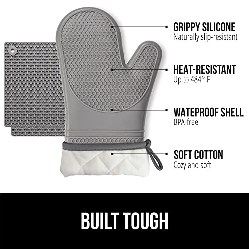 GORILLA GRIP BPA-Free Soft Silicone Oven Mitts and Pot Holders Sets of 4, Heat Resistant Waterproof Cooking Gloves, Thick Cotton Lining, Flexible Gripping for Baking Grilling, Kitchen Trivets, Gray