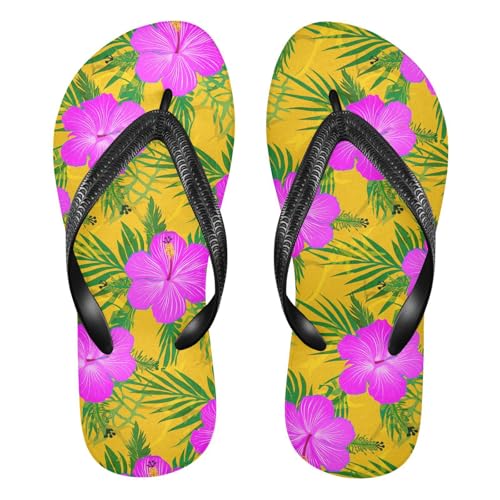 Hibiscus Palm Leaves Yellow Flip Flops for Beach Thong Sandals Anti-slip Lightweight Shower Shoes for House Indoor Outdoor