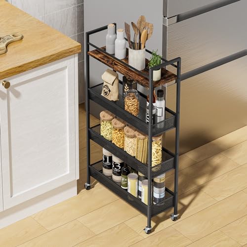 Dunatou-Slim-Kitchen-Storage-Cart-4-Tier-59-in-Wide-Kitchen-Slim-Rolling-Cart-Narrow-Metal-Kitchen-Cart-with-Handle-and-Wood-Top-Metal-Organization-and-Storage-Shelf-for-Kitchen-Bathroom-Black Dunatou Slim Kitchen Storage Cart 4 Tier 59 in Wide Kitchen Slim Rolling Cart Narrow Metal Kitchen Cart with Handle and Wood Top Metal Organization and Storage Shelf for Kitchen Bathroom Black