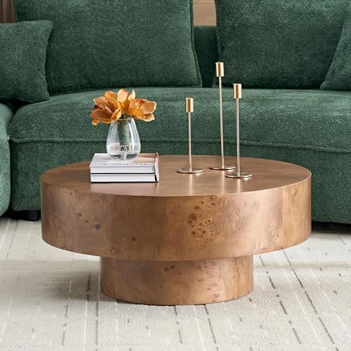 Round Coffee Table Wood, Modern Drum Burl Coffee Tables for Living Room 31.49