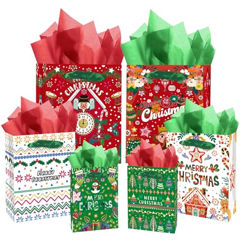 qiqee Christmas Gift Bags Assorted Variety Size Red Green Puppet Design Holiday Tissue Paper Bag Set of 10( 2PCS Large 5.5"x10.2"x13", 4PCS Medium 4.3"x 7.7"x 9.6", 4PCS Small 2.4"x 4.7"x 6.3", Tissue Paper)