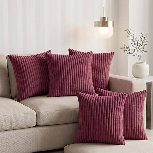 Image of Yellow Weaves Pencil-Stripe Fur Cushion Covers | Soft Polyester | Decorative Sofa & Throw Pillow Covers | 16x16 Inches, Pack of 5 (Maroon)
