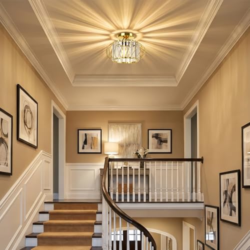 Image of Gold Crystal Ceiling Light Fixture - Small Crystal Chandelier Semi Flush Mount Ceiling Light Modern Hallway Lights fixtures for Entryway Bedroom Porch Kitchen (11 Inch, Bulb not Included)