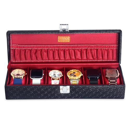 Image of LEDO Luxury Watch Storage Box, 6-Slot Display Case Organizer, Royal Black PU Leather, Metal Clasp, Velvet Interior, Modern Classic Style, Pack of 2