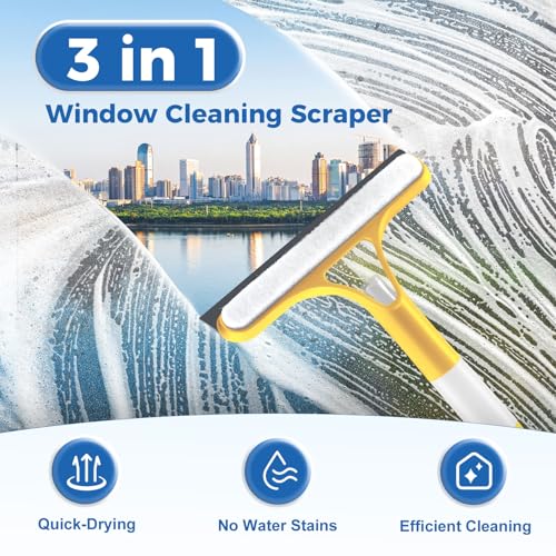 3 in 1 Window Cleaning Scraper, 2025 Upgraded Window Squeegee for Home with Sprayer,Sponge Wipe,Scraper, Bathroom Shower Squeegee for Glass Doors, Mirrors, Tile Shower Walls, Car Windows, Countertop