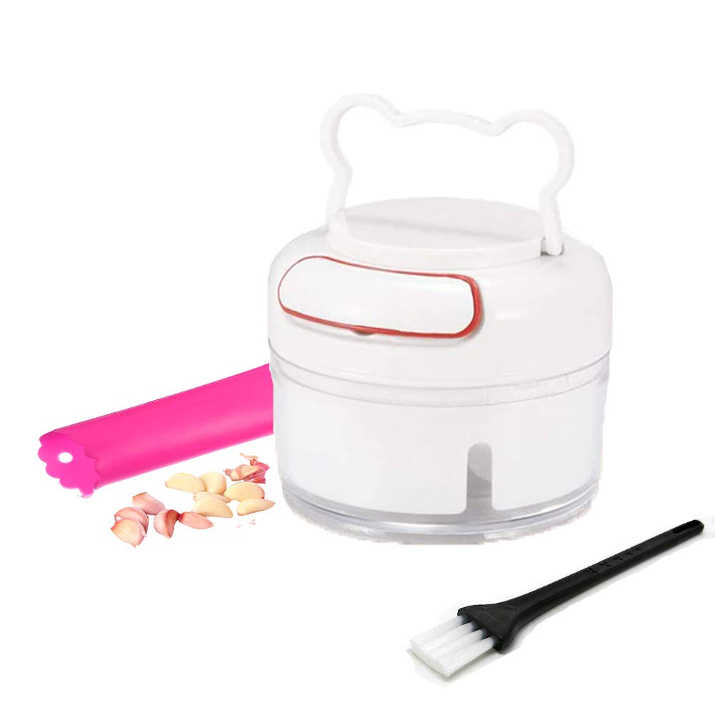 Mini Food Processor and Blender, Easy Pull Garlic Crusher Press, White, with Garlic Peeler and Cleaning Brush