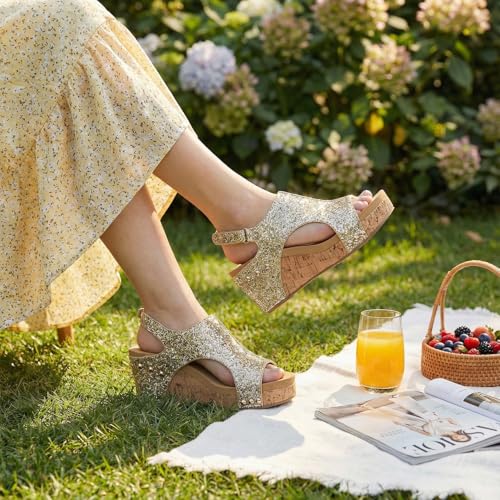 Image of PARTY Women's Wedge Sandals With Buckle Ankle Strap for Dressy Summer