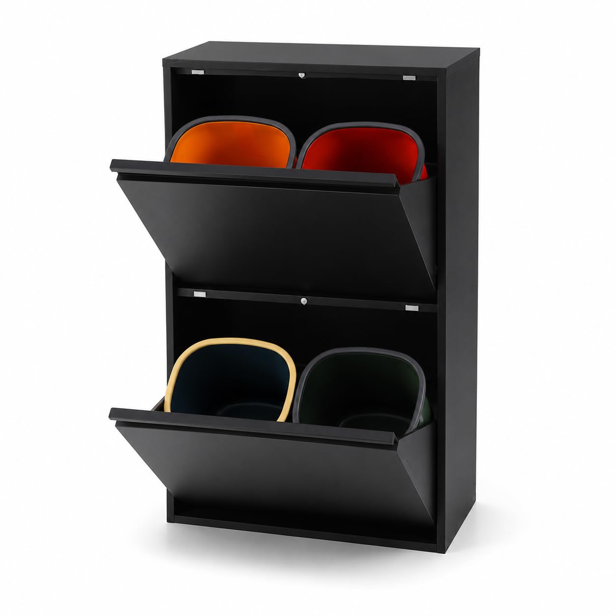 Sistema di raccolta differenziata con 4 contenitori da 15 l, pattumiera da cucina con armadio (nero) | 56 x 24,5 x 91 cm, acciaio laminato a freddo, 4 contenitori da 15 l, montaggio a parete, per cucina, ufficio, commercio