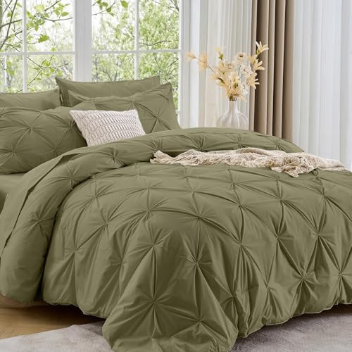 Image of Sasttie King Size Comforter Set, 7-Piece Bed in a Bag, Pintuck Bedding Sets for All Season, Includes Comforter, Flat Sheet, Fitted Sheet, Pillowcases and Pillowshams, Olive Green