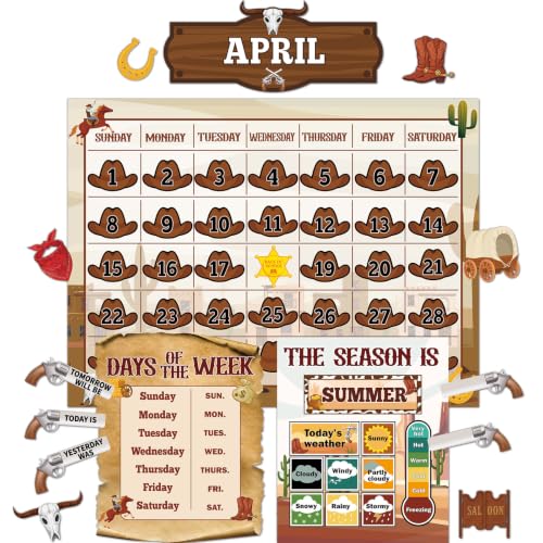 Western Cowboy Calendar Bulletin Board Set for Classroom Decoration Wild Western Calendar Seasons Weather Chart Brown Cowboy Bulletin Board Paper-Cuts for Teachers Elementary School Classroom
